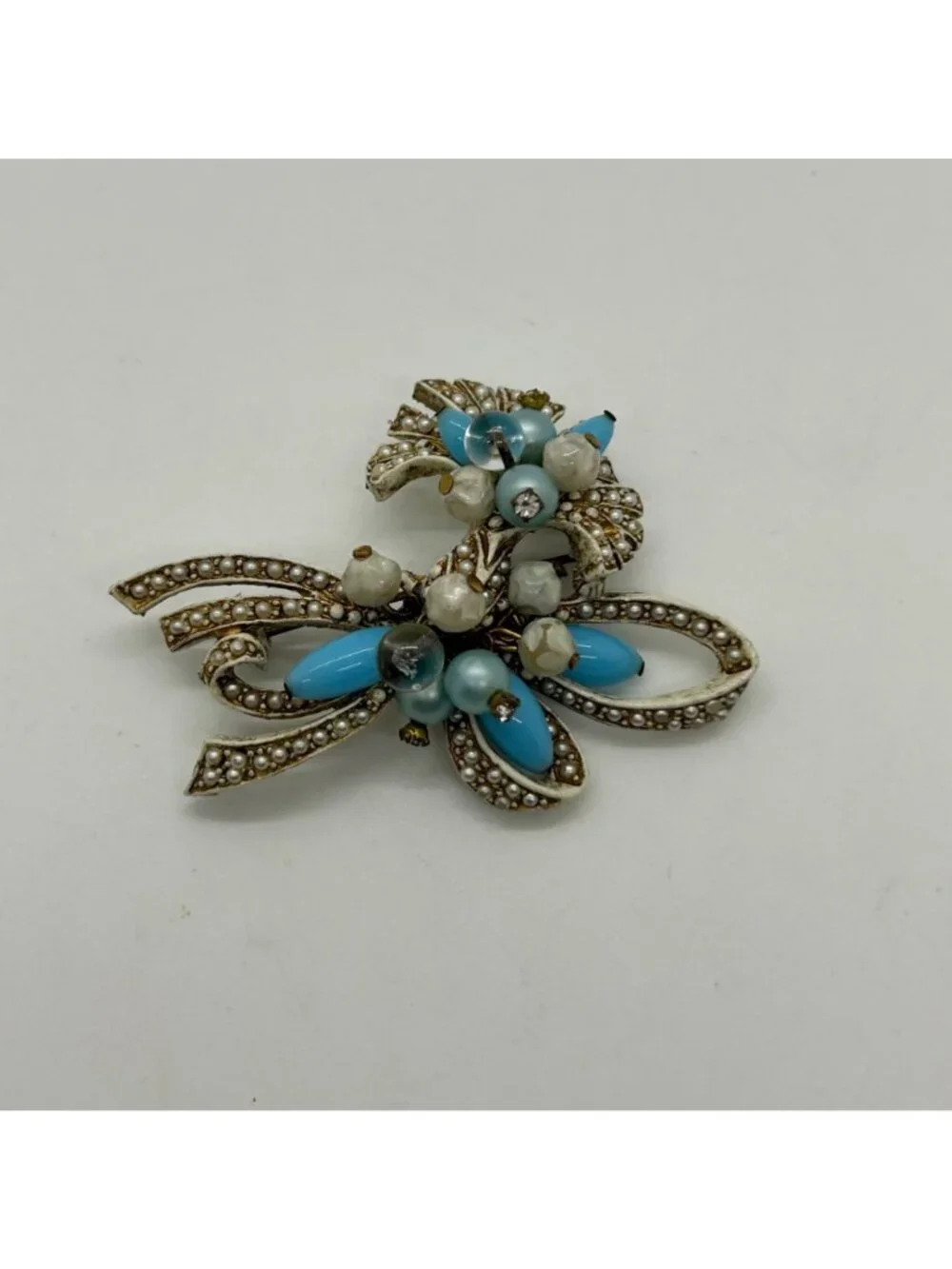Vintage Coro Pin Brooch With Faux Pearls Faux Turquoise Beads, Floral Bow READ